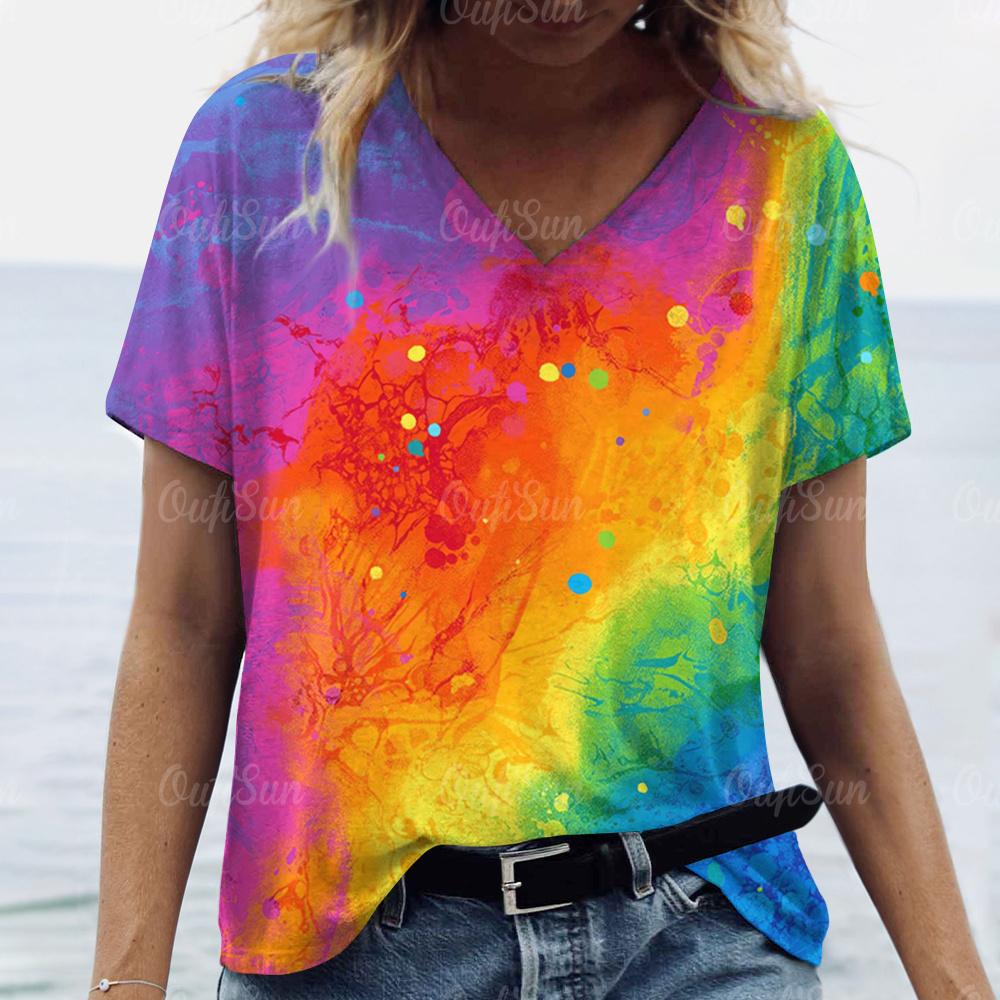 2025 Летние футболки с V-образным вырезом и ярким принтом для женщин, 3D цветочная эстетика, повседневные топы оверсайз, модный Харадзюку