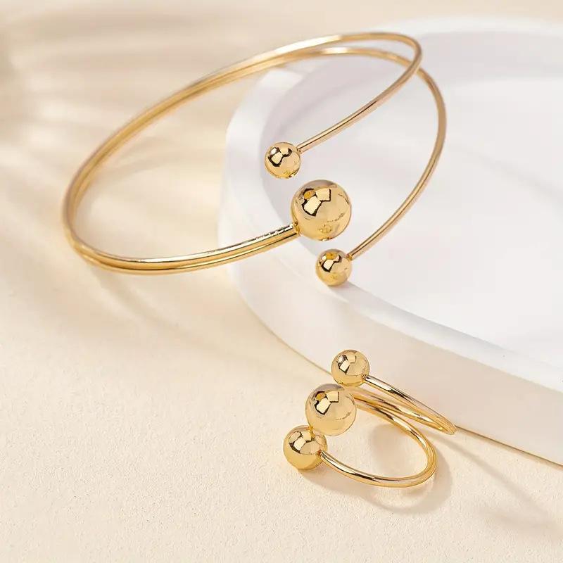 Золото и Серебро Маленький Шарик Клип Большой Шарик Уровень Браслет Кольцо Набор Женский Простой Модный Персонализированный Наручный Пальцевой Ювелирный Набор