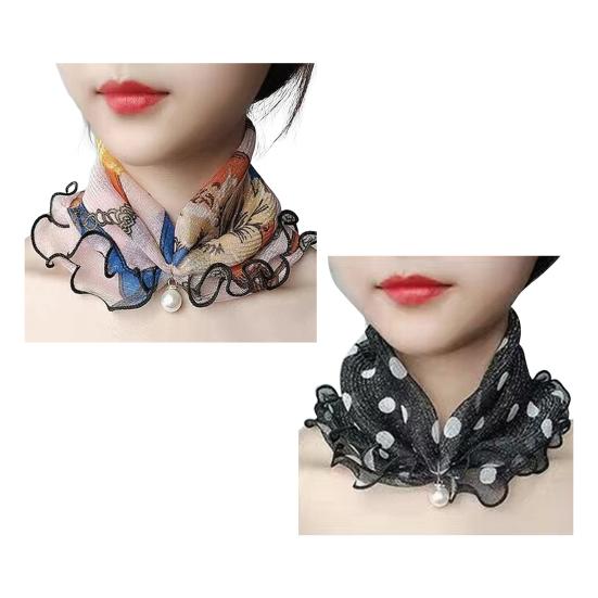 2Pcs Women Faux Silk Scarf Printing Faux Pearl Decor Lace Trim Lightweight Scarf Hand Strap Accessory