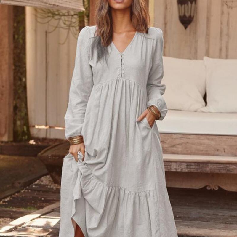 Весенне-осеннее платье из хлопка и конопли, в стиле ретро, повседневное, с длинным рукавом