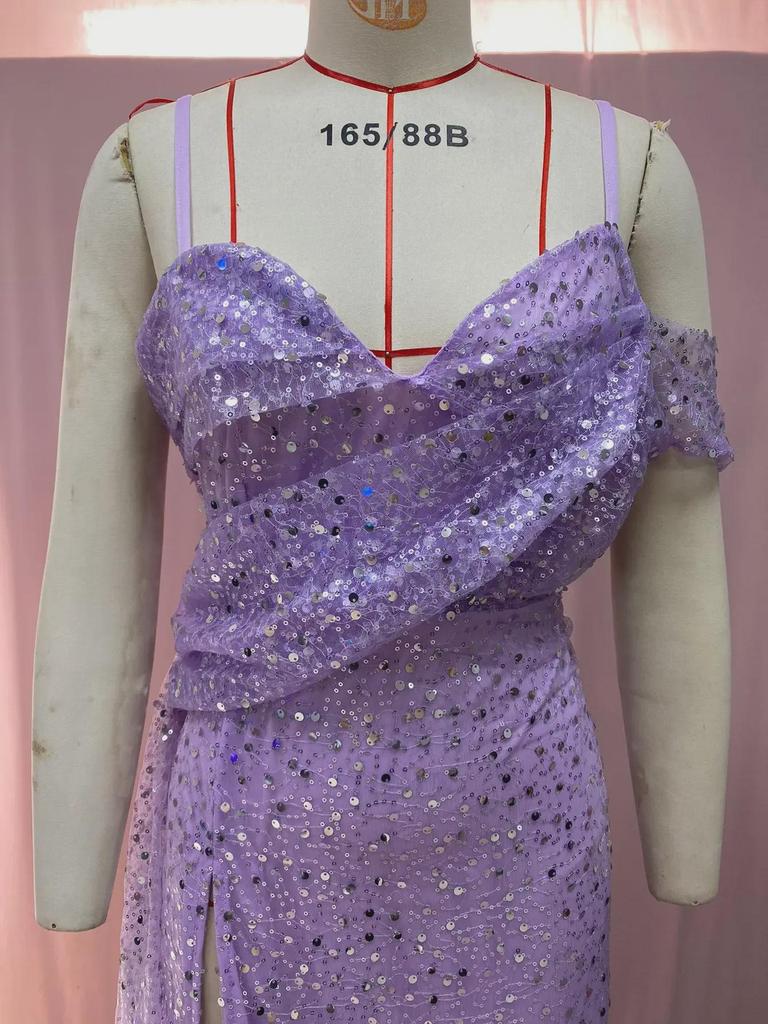 Женское вечернее платье в европейском и американском стиле 2025 года: Разрез с пайетками, неровный подол, длинная юбка с подтяжками