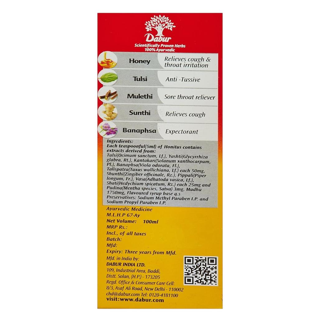Dabur Honitus Herbal Cough Syrup 100 Ml Pack of 1 | Fast Relief From Cough & Sore Throat