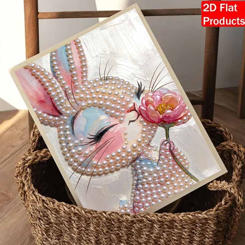 DIY холст с жемчужной картиной Кролик с цветочным дизайном Блестящий 3D-набор для создания картин из бусин Творческое хобби для декора стены в гостиной