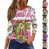 Women's Fashionable Casual Three Quarter Sleeve Christmas Printed Round Neck Top