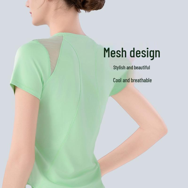 Женский летний быстросохнущий спортивный комплект из сетки: Дышащий топ с коротким рукавом свободного кроя для бега, тренировок и йоги