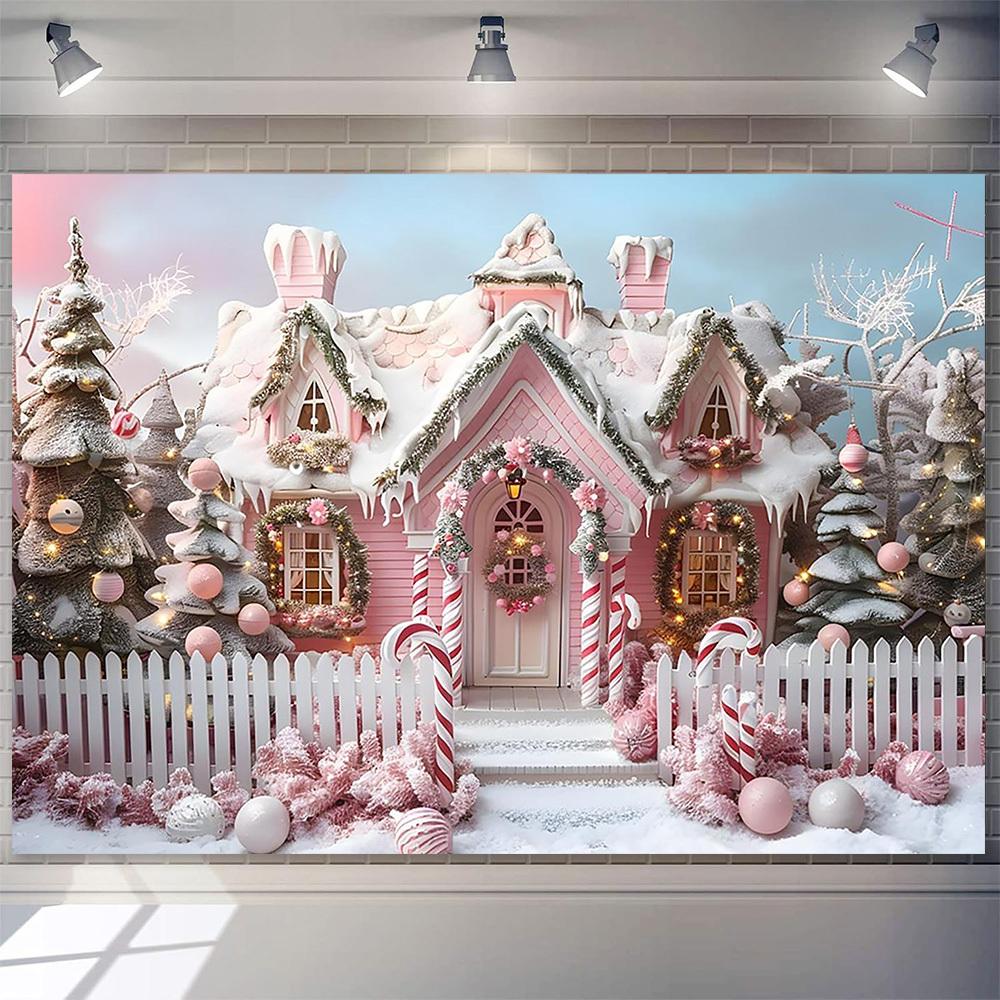 2D flat 1pc pink Christmas house background with candies and snow scenes - banner for holiday parties weddings birthdays