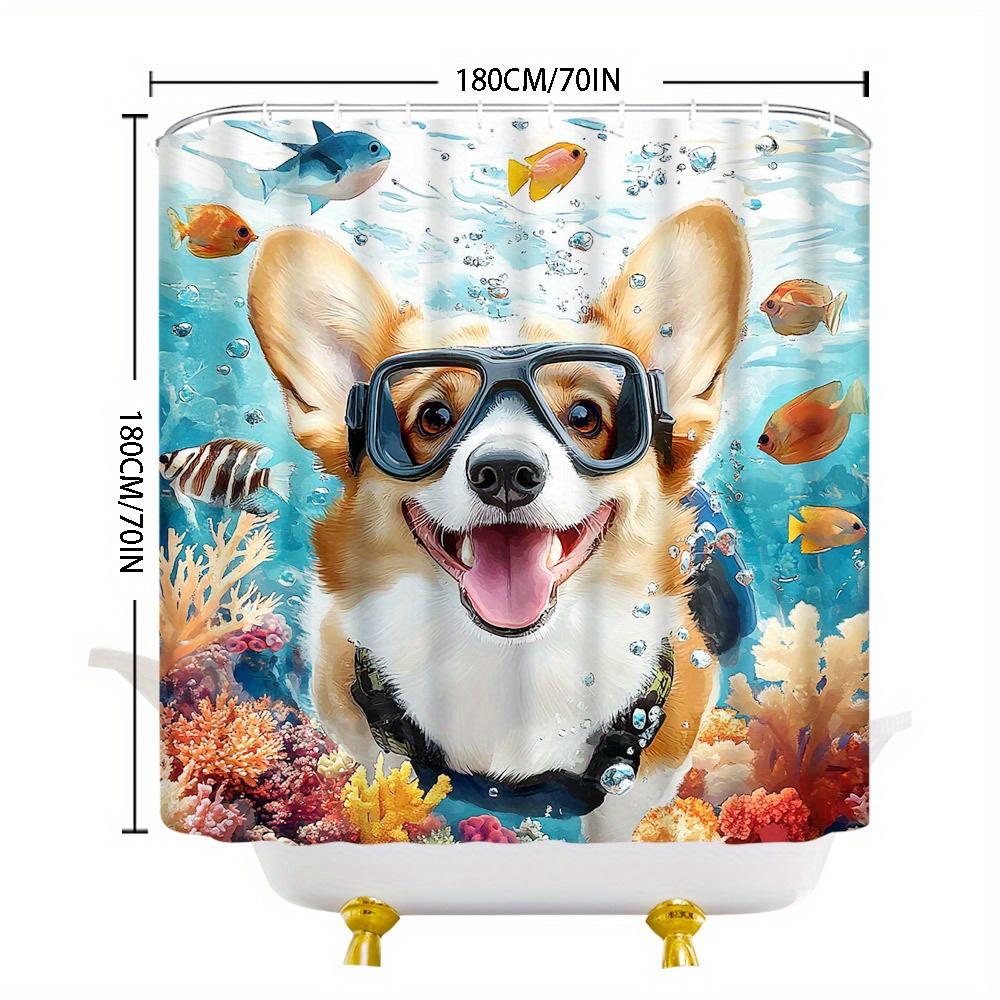 Corgi Scuba Diving Shower Curtain Playful Corgi Tropical Fish Coral Reefs Colorful Design Polyester Washable With Hooks