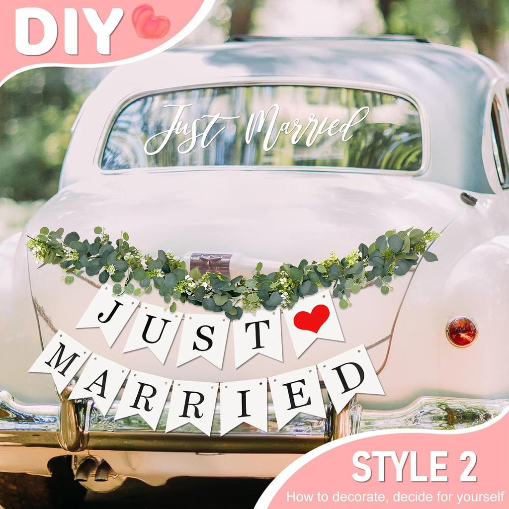 Набор декораций для машины 'Just Married' от Elek Tonny - Баннер и табличка 'Just Married' с цветочной лозой - Декорации для свадебного автомобиля, Автомобильные наклейки