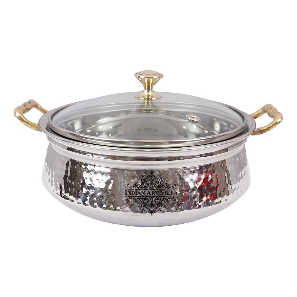 Stainless Steel Hammered Design Handi/Bowl/Casserole with Toughened Glass Lid & Brass Knob & Handles, Volume-400 Ml