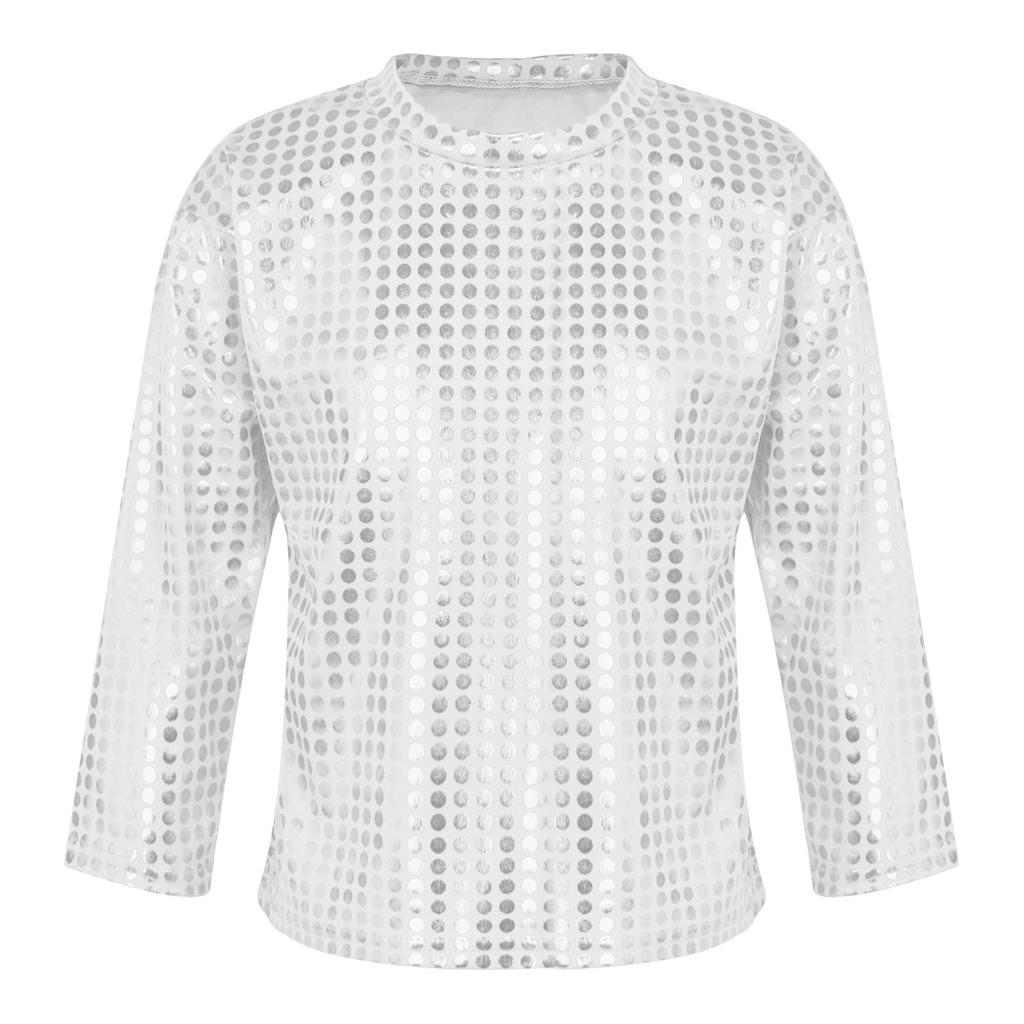 Boys Girls Stage Performance Top Long Sleeve Round Neck Glitter Sequins Solid Color Shirt for Dance Events