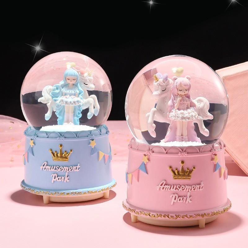 Rotating Carousel Music Box With Snow Globe Effect Kids Birthday Gift Decorative Resin Musical Toy