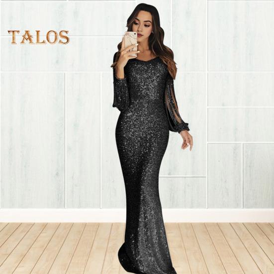 Женское платье для выпускного вечера с кисточками и рукавами-футляром, облегающее платье с V-образным вырезом, однотонное вечернее платье с блестками и рыбьим хвостом, коктейльное платье макси