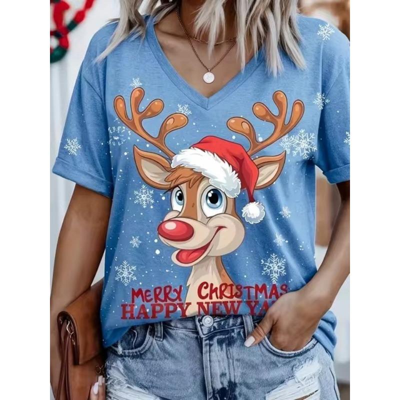 Рождественская женская футболка с рисунком из мультфильма, повседневная футболка с V-образным вырезом и коротким рукавом, модная женская одежда для активного отдыха, свободные пуловеры, топы