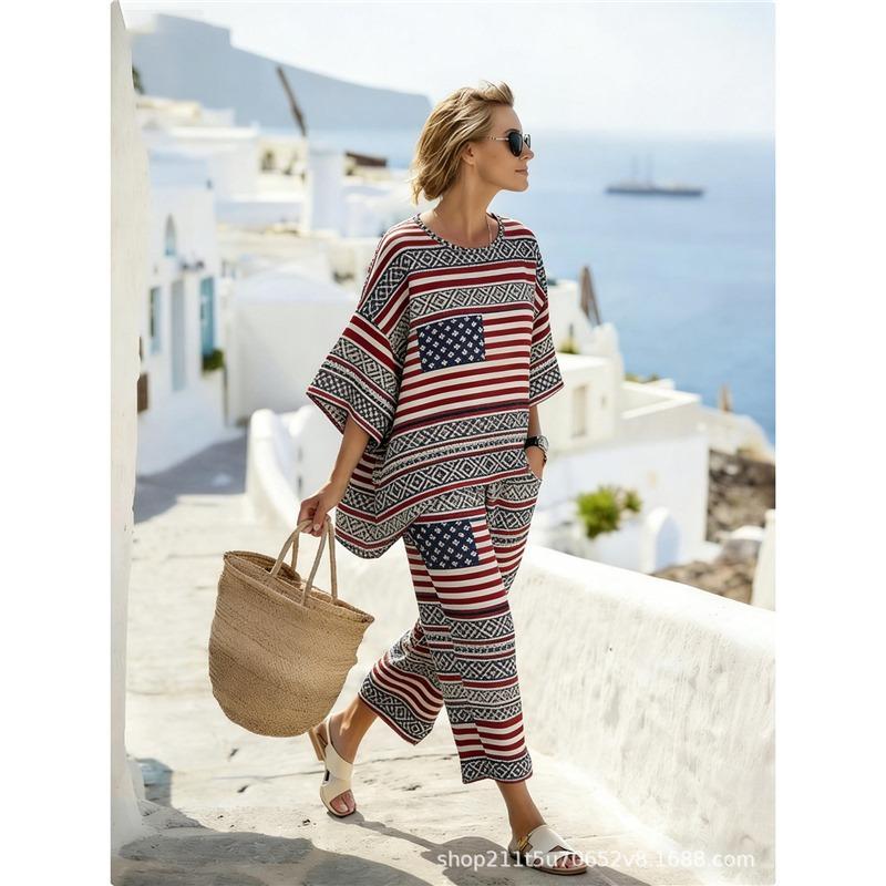 New Women's Summer Casual Suit Independence Day Printed Casual Two-piece Set Y1