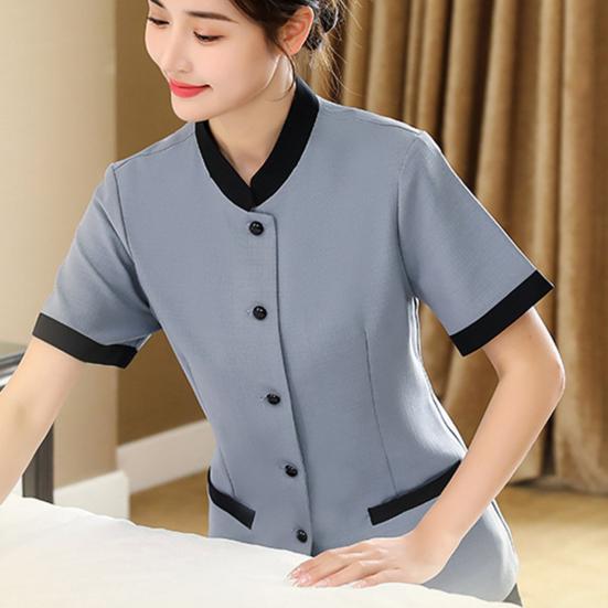 Hotel Housekeeping Uniform Women Slim Fit Top Stand Collar Short Sleeve Single Breasted Pockets Work Uniform Tops