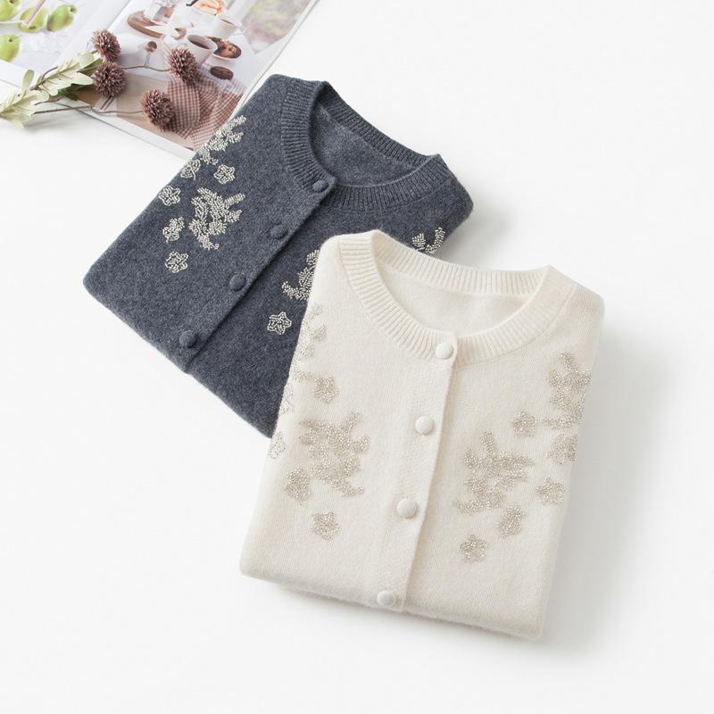 Женский толстый кашемировый кардиган на пуговицах, с ручной вышивкой бисером и вышитыми деталями