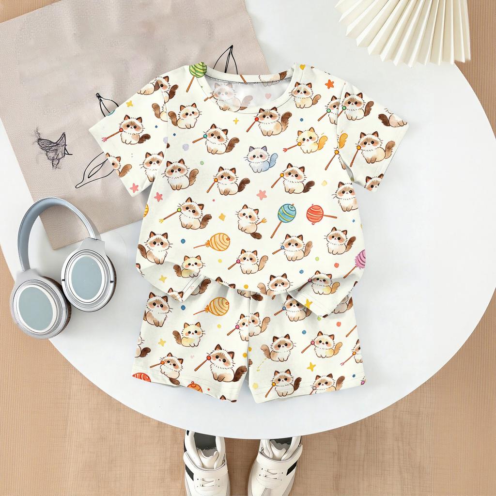 Kids Casual Short Sleeve Top and Shorts Set Animal Print Lightweight Comfortable Summer Outfit for Boys and Girls