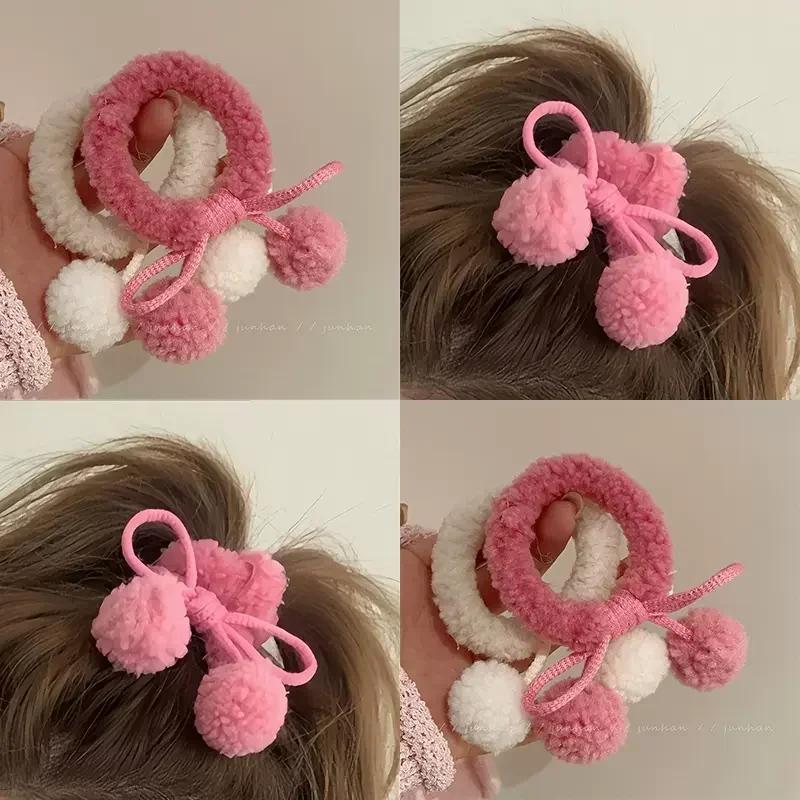 Strawberry Pink Ball Hair Ties Cherry Blossom Bow Scrunchies for Girls Kawaii Ponytail Holders Furry Pompoms Hair Accessorie