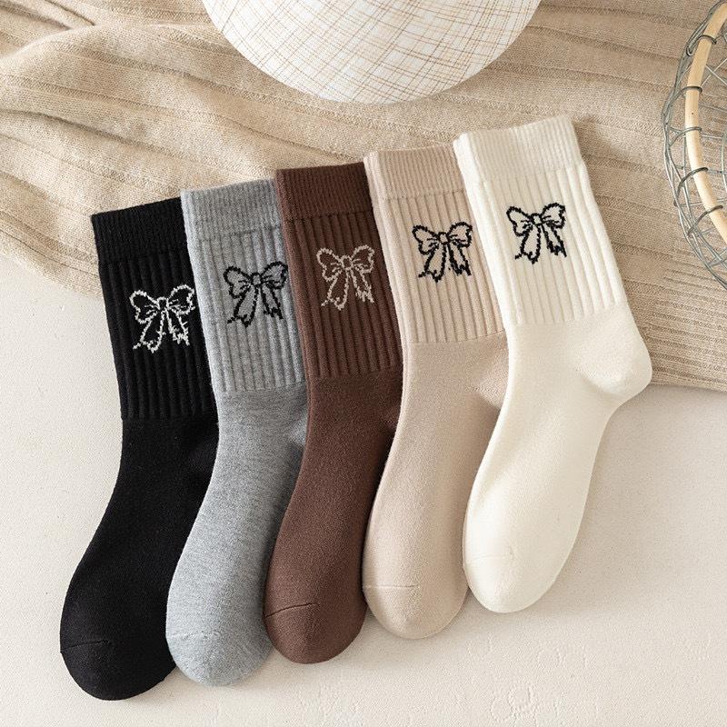 Bow-patterned Mid-calf Socks for Women Thin and Breathable for Spring and Summer Ballet-style Solid-colored Long Socks for Women In Summer