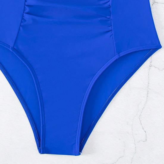 Women One-Piece Swimsuit Deep V-Neck Pleated Solid Color Monokini Quick-Drying Swimwear Beachwear