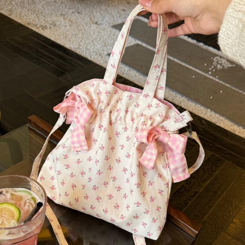 Summer Floral Handbag Cute Bow Decoration Women's Pink Crossbody Bag Lightweight Mobile Phone Coin Purse Commuter Storage Bag