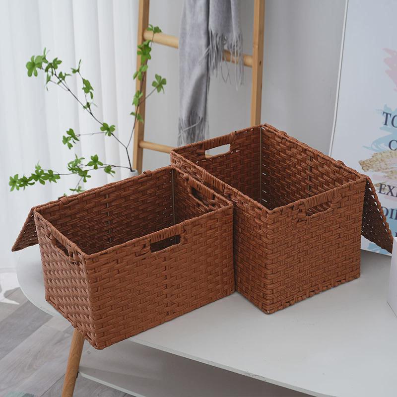 Household Storage Basket Imitation Rattan Woven Storage Box with Lid Clothes Sundries Rattan Basket Home Desktop Organizer Box