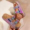 2025 New Foreign Trade Thick-soled Hemp Rope Double-buckle Rhinestone Cork Beach Slippers Large Size Women's Shoes European and American Style