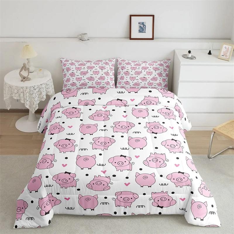 Premium Pink Pig Comforter Cover Cartoon Pig Pattern Bedding Kawaii Animal Sweetheart Floral Print Duvet Cover Children Boys Room Decor
