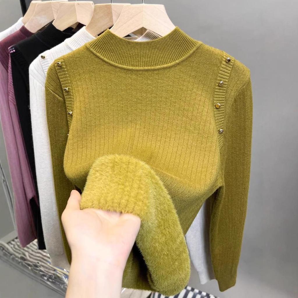 Женский осенне-зимний свитер плюс бархатная полуводолазка нижняя рубашка Единый утолщенный бархатный свитшот новый вязаный свитер верх