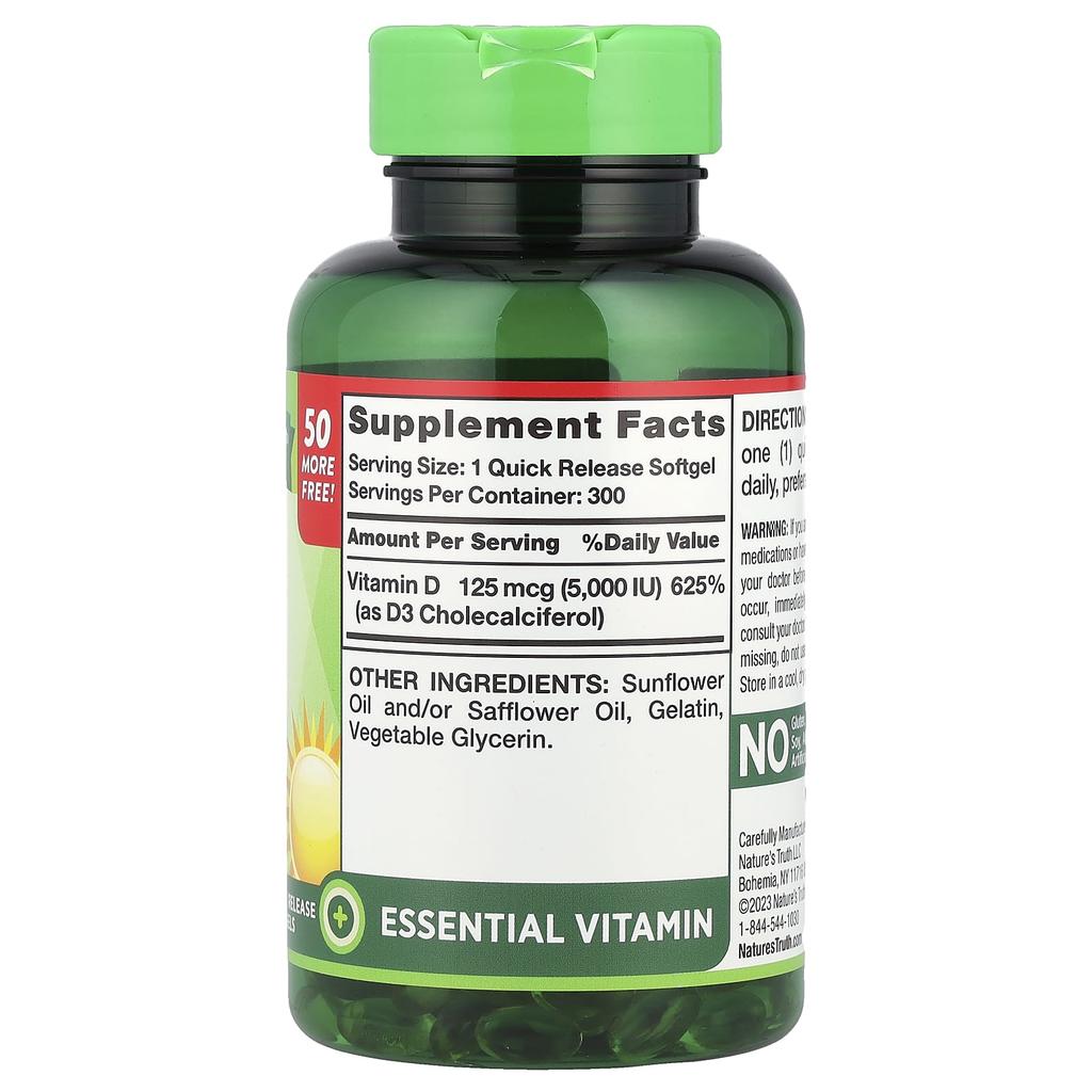 Nature'S Truth, High Potency Vitamin D3, 125Mcg (5,000Iu), 300 Rapid Release Softgels
