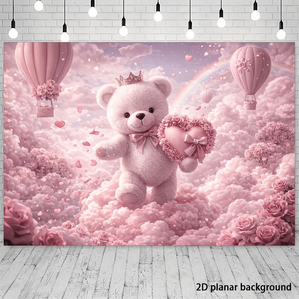 2D Flat Romantic Theme Party Banner Background: Pink Crown Teddy Bear Theme Made of Polyester Material