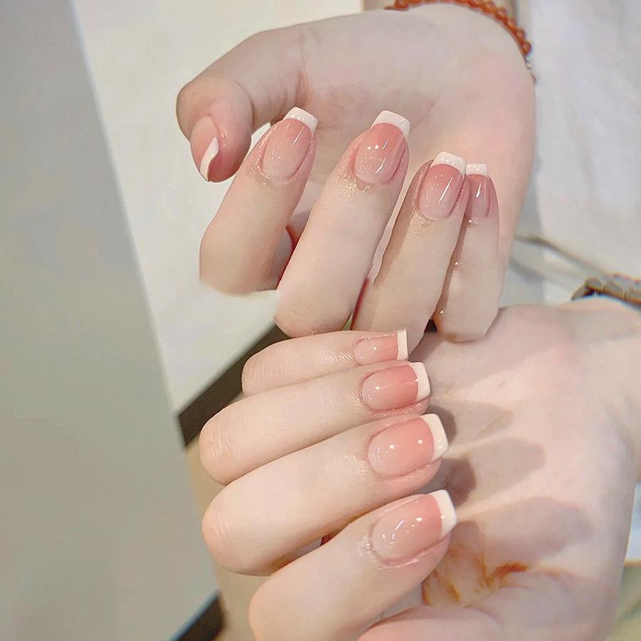 10Pcs White French Tip Light Pink Press On Nails Short Square Glossy Full Cover False Nails For Women And Girls
