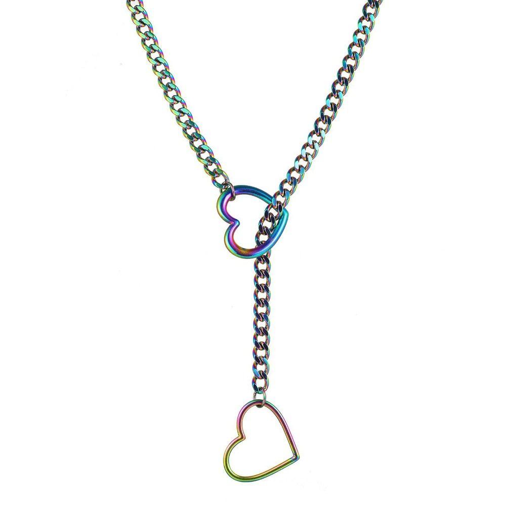Fashion Heavy Lariat Heart Necklace Ring Punk Rock Slipchain Choker Collar Stainless Steel Slip Chain For Women Men