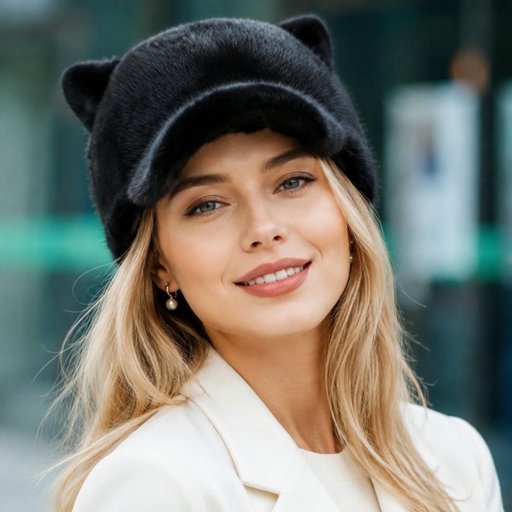 Imitation Mink Faux Fur Cap Cat's Ears Design Winter Baseball Cap Plush Warm Hat for Women Girl