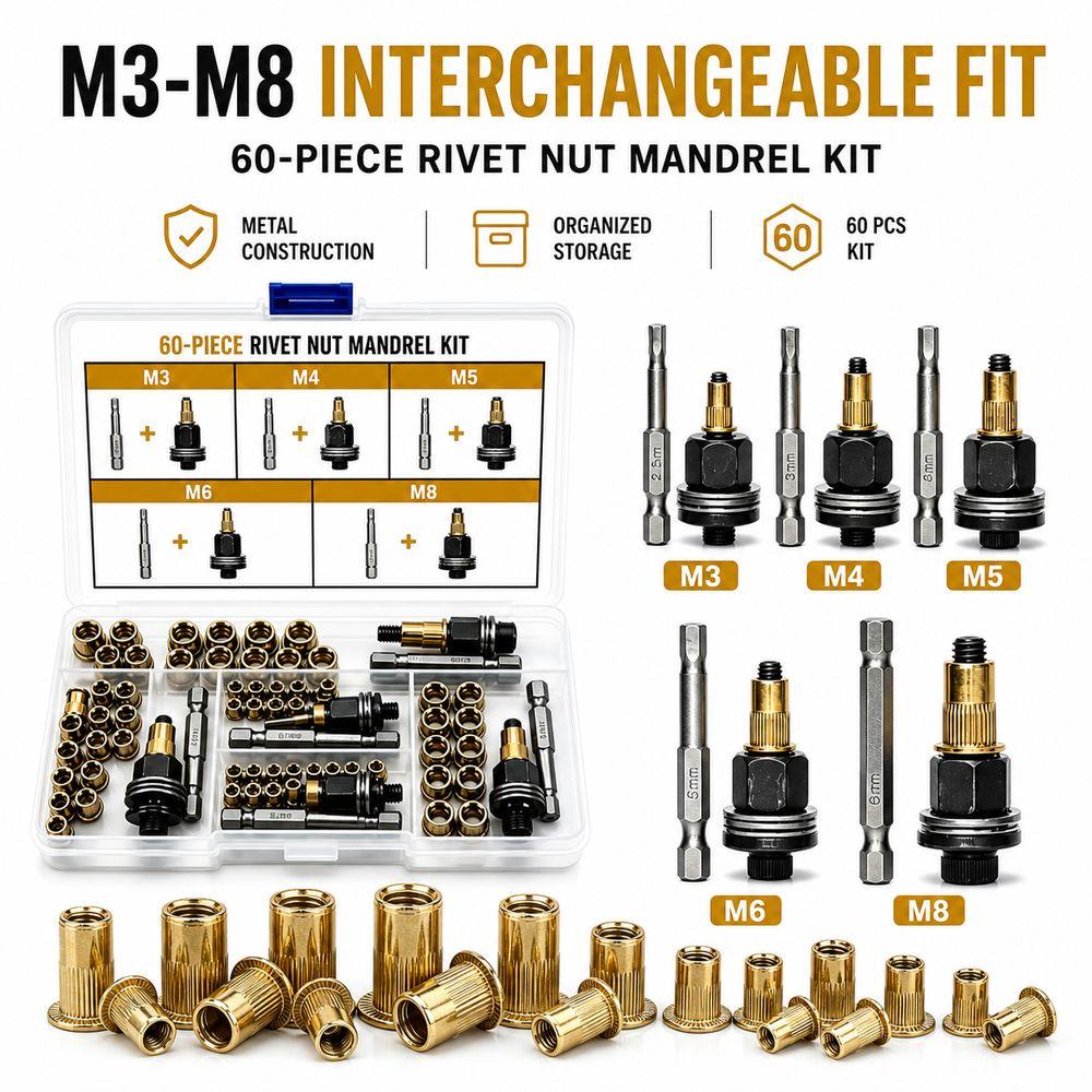 60Pcs Interchangeable Mandrels Rivet Nut Assembly Metal Rivet Nut Mandrel Kit for Automotive Repair