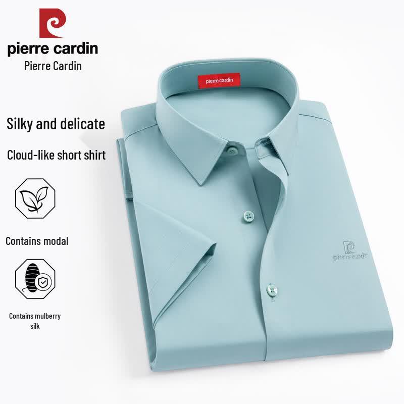 Pierre Cardin Мужская рубашка с коротким рукавом из смесовой ткани шелка и модала, не мнущаяся