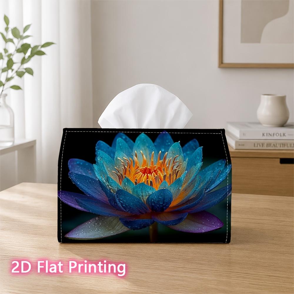 1pc 2D Flat Printed 17.78X10.92X12.95 cm Tissue Box Bright Blue Water Lily Lotus Flower Suitable for Home, Office, Vehicle, And Party Settings CC608L0