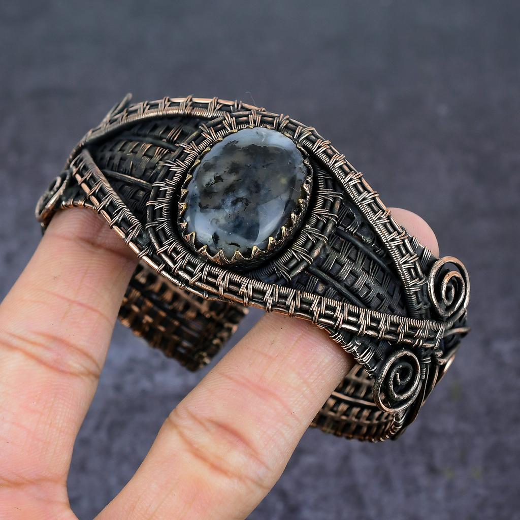Браслет-манжета из медной проволоки с опалом и дендритом, регулируемый, ручной работы, i9o12