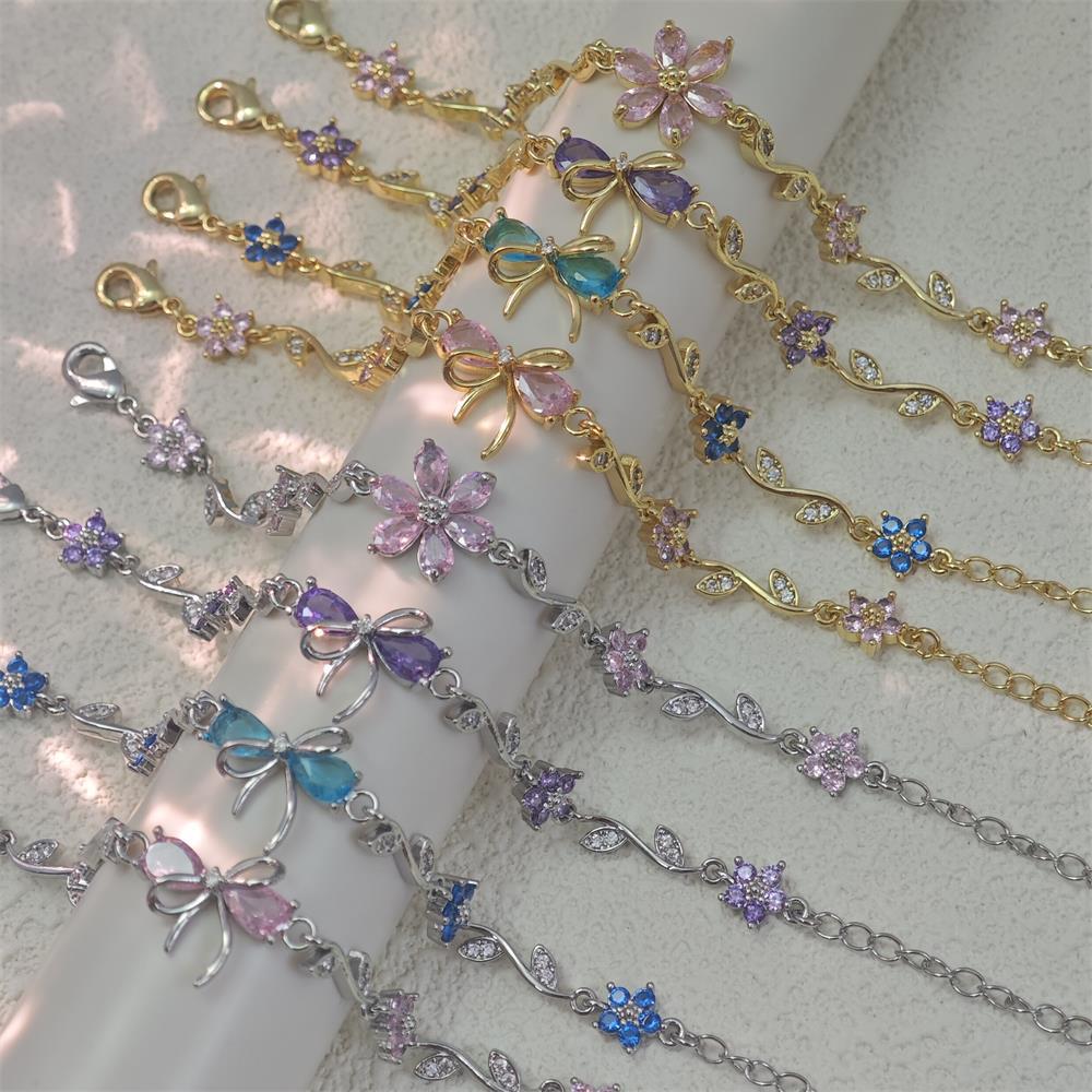 Изысканный браслет с подвесками в виде банта и цветка из циркония для женщин