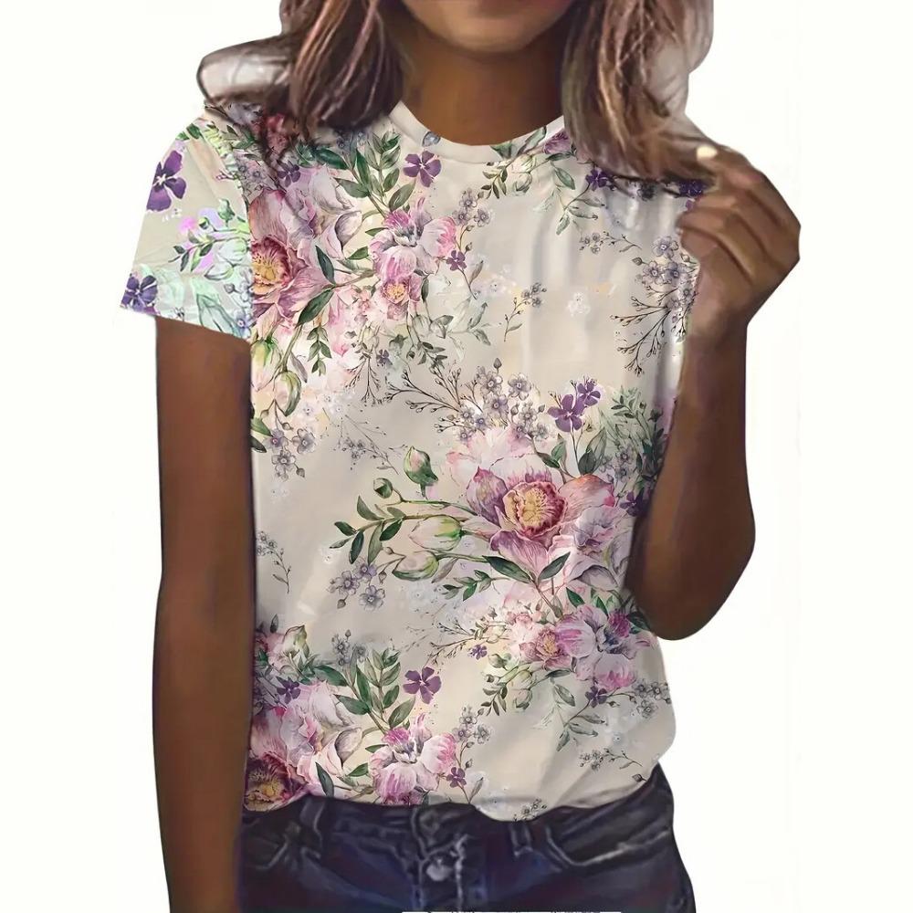 Новые летние женские футболки с цветочным 3D-принтом, модные футболки с круглым вырезом и коротким рукавом, свободные женские футболки Y2k, симпатичная футболка