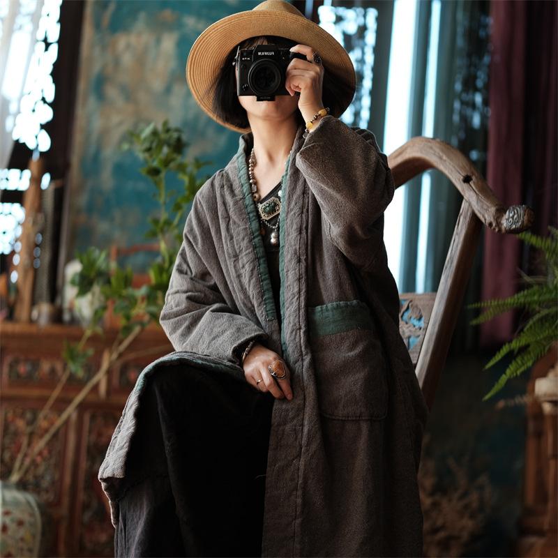 Johnature Women Vintage Coats Patchwork Color Pockets Winter Coats Chinese Style Warm Long Coats
