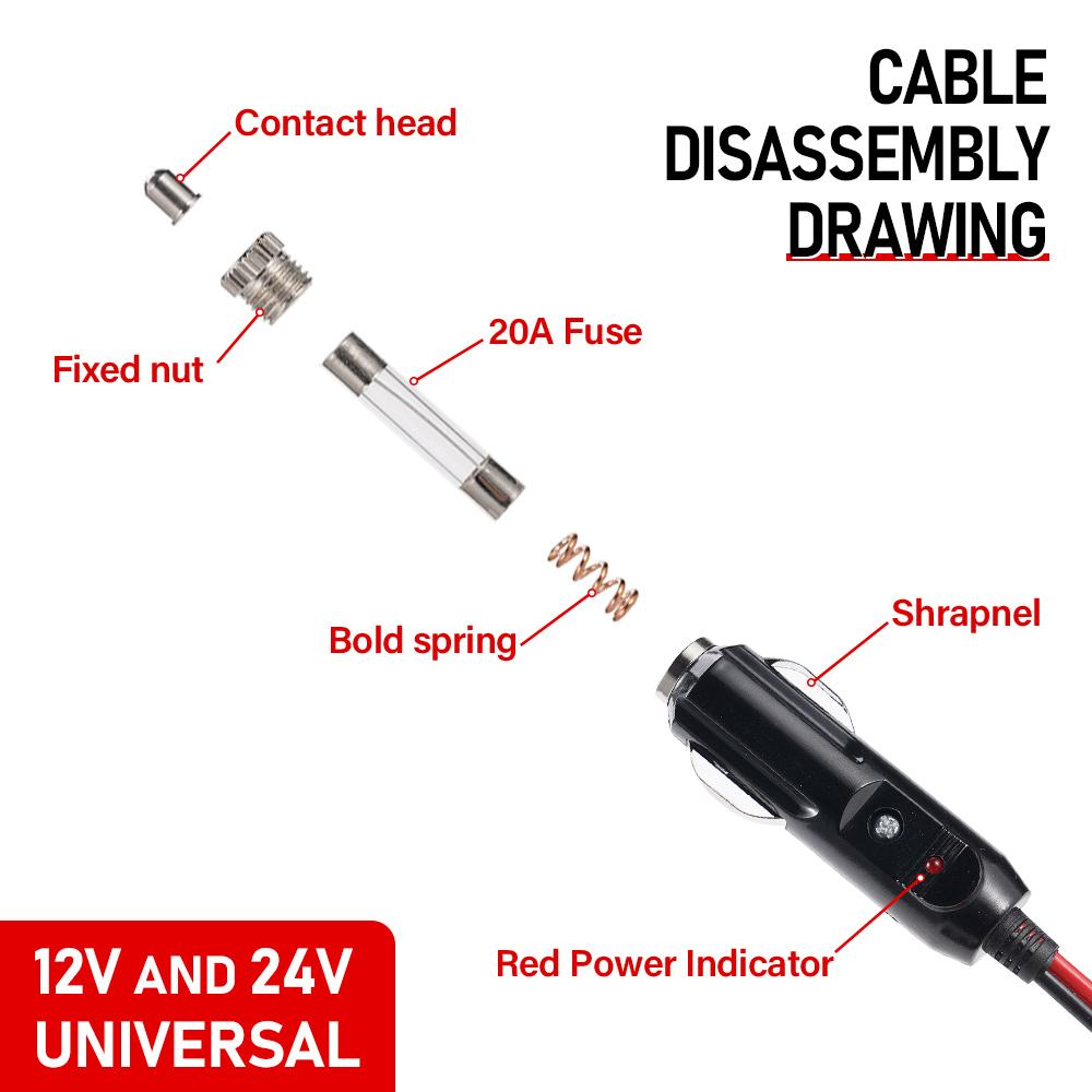 12V 24V Car Universal Cigarette Lighter Plug 20A Socket Plug Connector 16AWG PVC Coarse Copper Wire High Power With LED Light