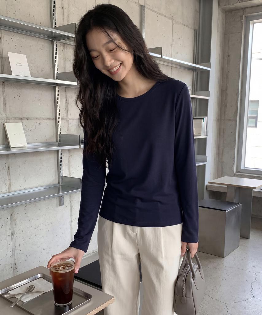 BASIC HOUSE Women'S Slim Fit Spandex Long Sleeve T-Shirt Navy Lats0208