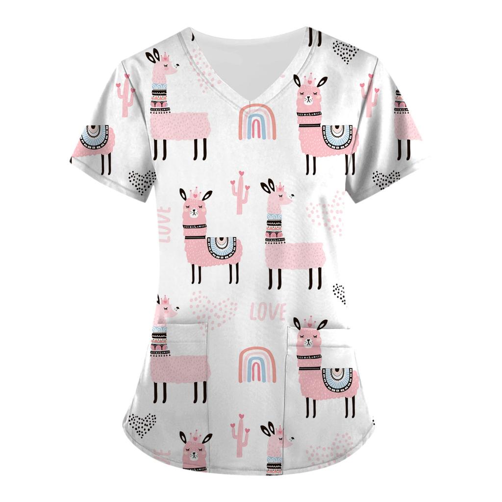 Женские топы с короткими рукавами и v-образным вырезом с милыми животными, рабочая блузка с карманами