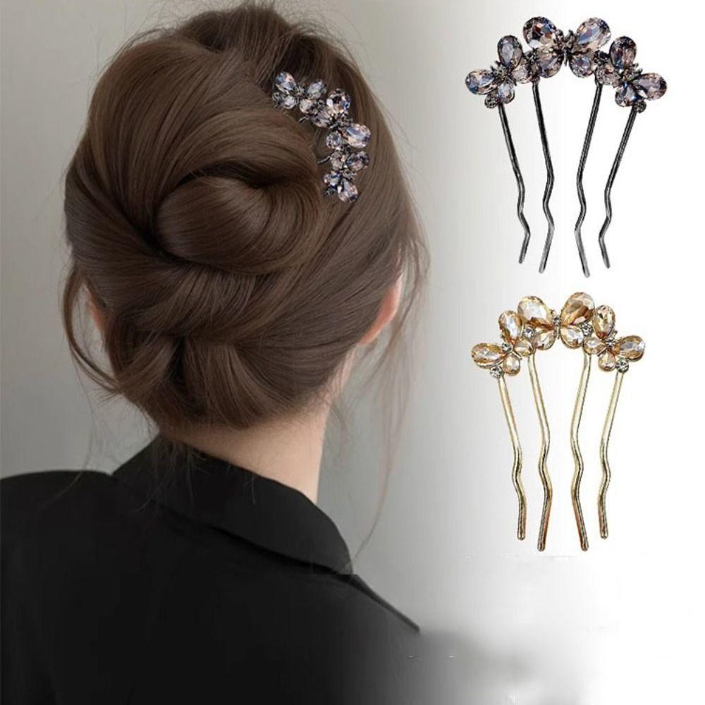 Geometric Toothed Insert Comb Rhinestone U-shaped Hair Clip Elegant Butterfly Hairpin Gifts