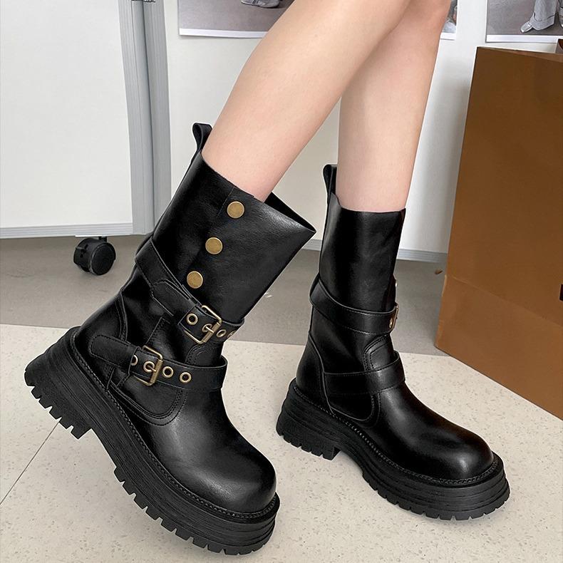 Fashion Brown Retro Chunky Heel Thick Bottom Boots for Woman New Spring Autumn Vintage Heightening Mid-calf Boots Gothic Ladies Shoes