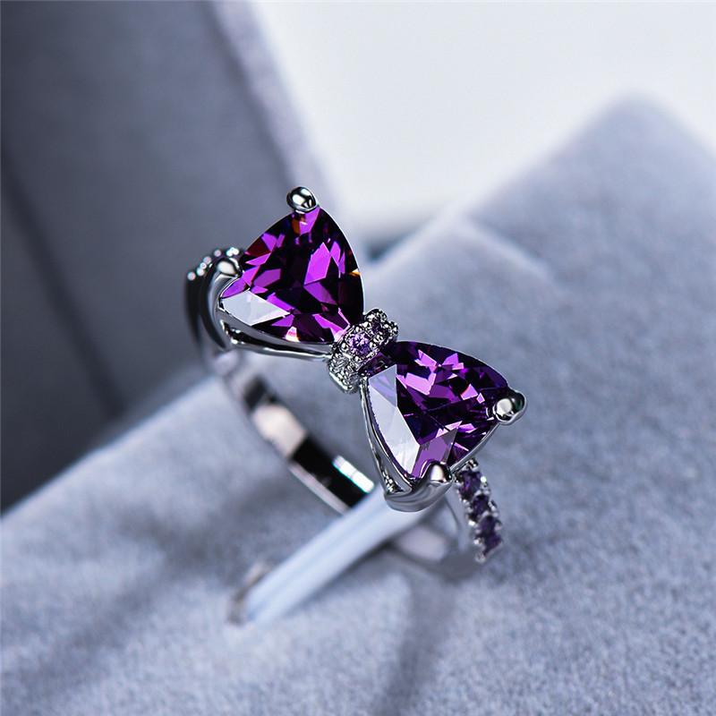 Female Cute Big Bowknot Zircon Stone Ring Color Love Engagement Rings For Women Purple Blue Red Rainbow Wedding Jewelry