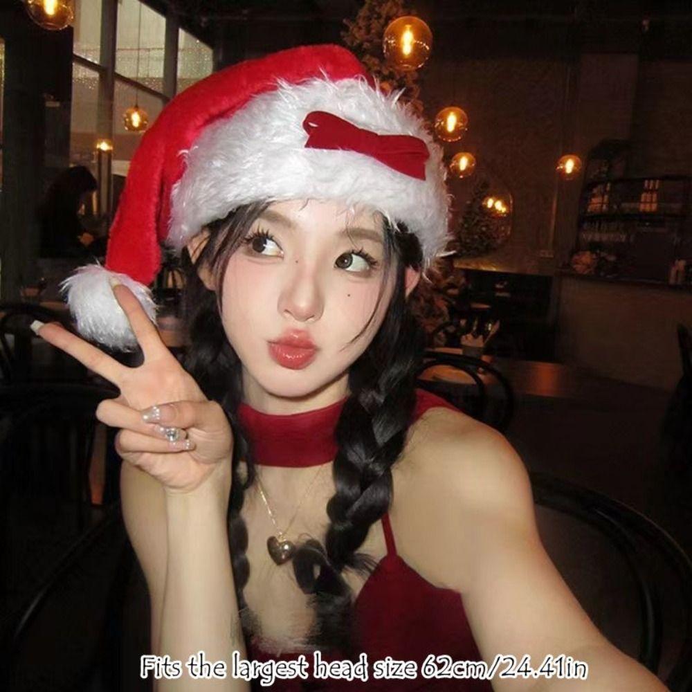 Plush Fabric Red Santa Hat with Cherry Long Fur Hat Stylish Christmas Hat  Christmas