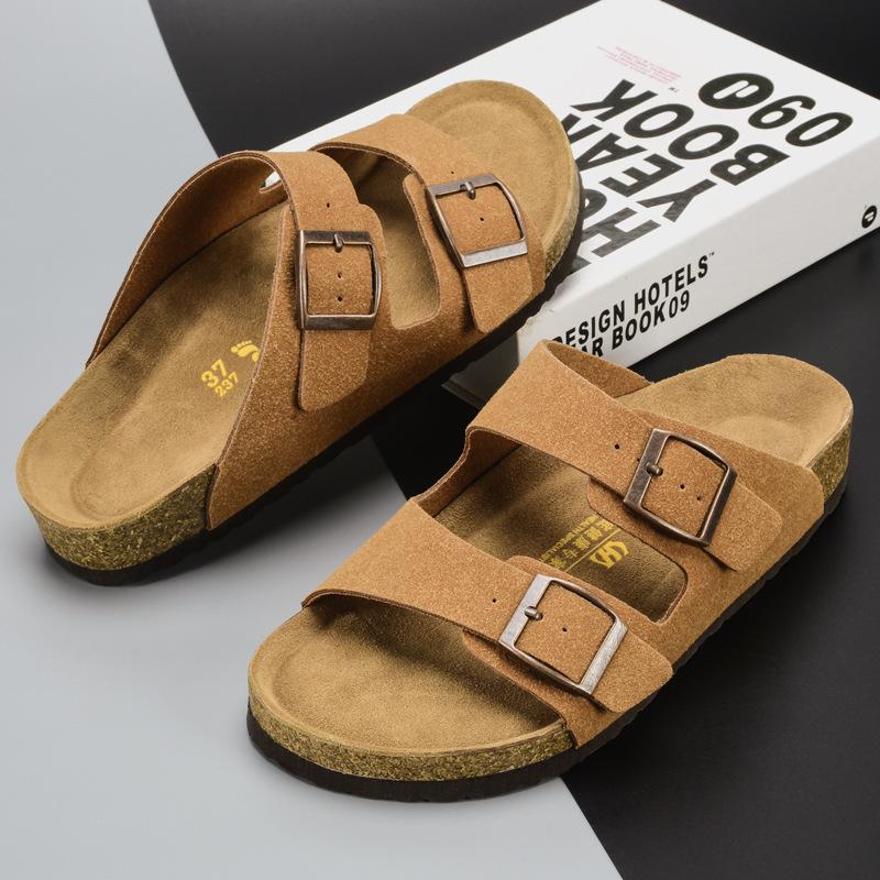 Slippers 2025 Summer Fashion Flip-flops Couple Drag Cork Outdoor Shoes Flat Double Buckle Beach Sandals