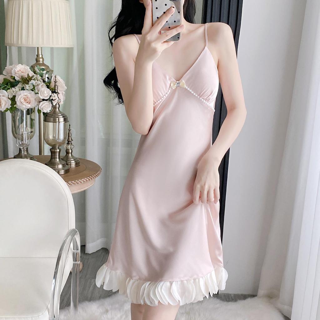 Женская пижама из ледяного шелка с V-образным вырезом и оборками 2025 - Стильная, сексуальная и универсальная для дома или выхода в свет